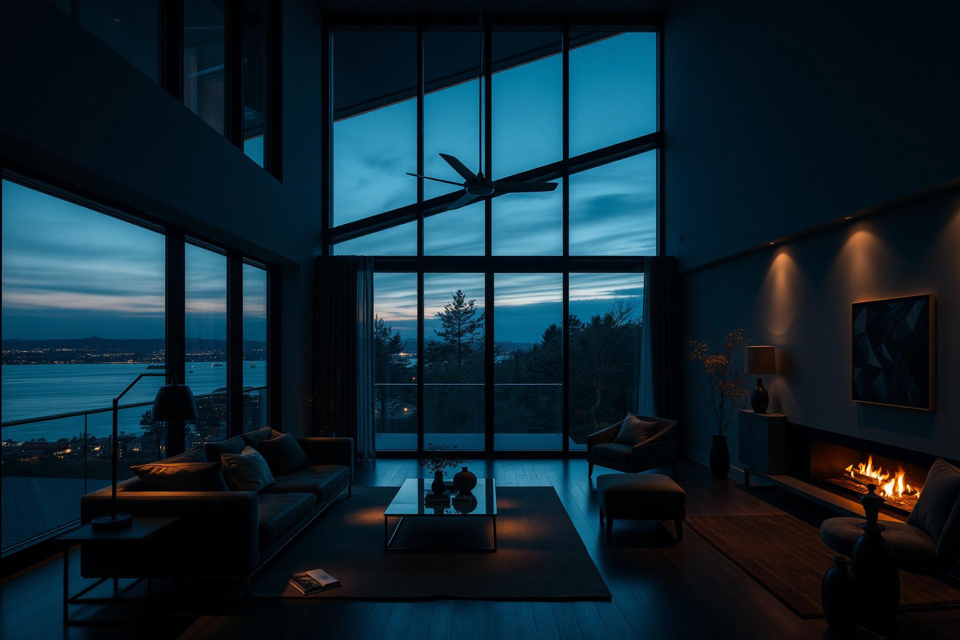 Cinematic dark luxury living room at dusk